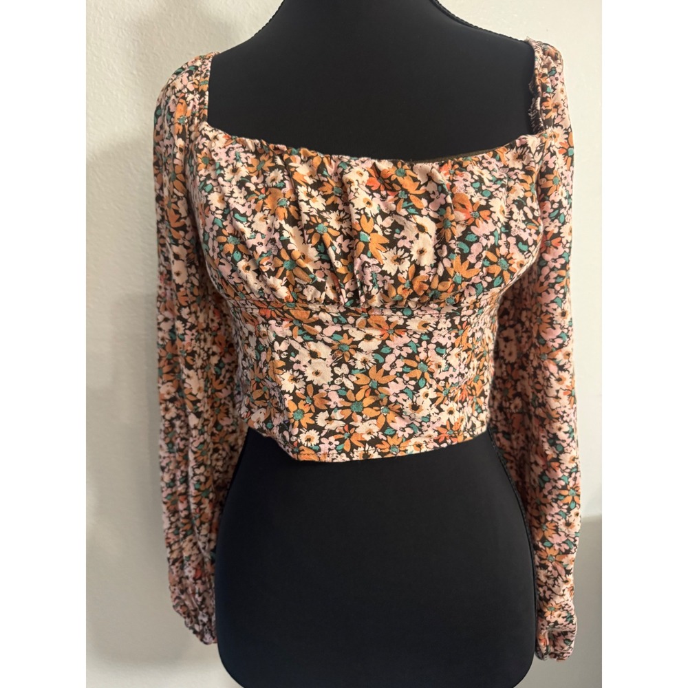 Floral Long Sleeve Crop Top Square Neck Smocked Back Multi-Color Boho